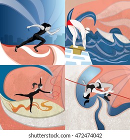 Set of four different Sports background showing Relay Race, Swimming, Gymnastics and High Jump, Illustration of players on stylish vintage background.