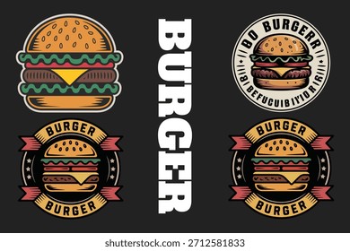 Um conjunto de quatro ilustrações estilizadas diferentes e logotipos com um design de hambúrguer clássico. Os gráficos são apresentados em uma estética retrô ou vintage com contornos e cores distintos, em contraste com