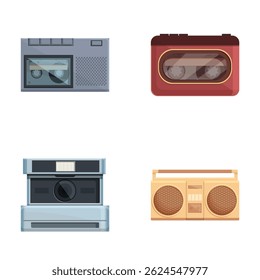 Set of four different tape recorders, showcasing the evolution of audio technology