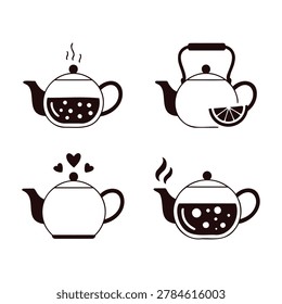 Set of four different tea kettle icons with various design elements steam hearts lemon