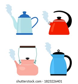 a set of four different teapots that are boiling with steam comes out of the kettle spout. flat vector illustration isolated on white background