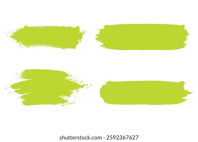  set of four different, textured lime green paintbrush strokes or splashes, isolated on a pure white background. Four vibrant lime green paintbrush strokes on a white background.