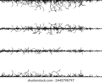 a set of four different textures with different patterns fence wire, vintage spiky wire fencing border black and white, a barbed wire fence with grunge effect, 