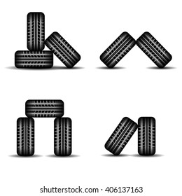 Set of four different tire tracks heaps with shadows isolated on white background