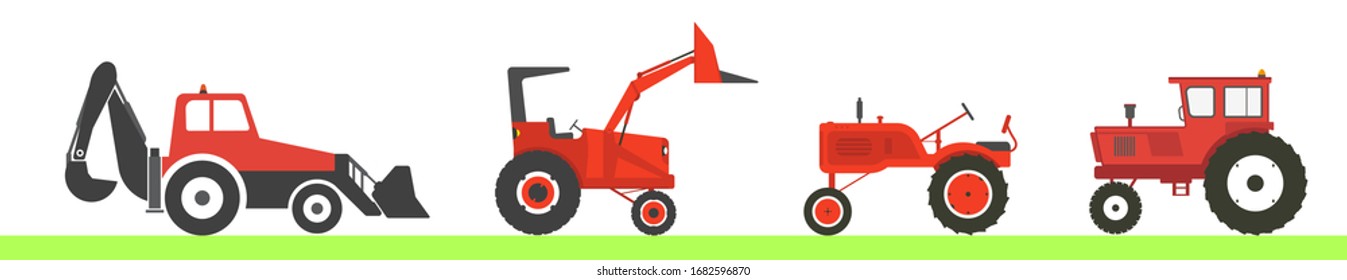 Conjunto de cuatro tractores diferentes. Ilustración vectorial de los equipos agrícolas. Maquinaria agrícola.