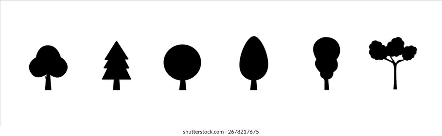 Conjunto de quatro silhuetas de árvore diferentes em estilo plano minimalista. Ícones de árvore isolados em preto sobre fundo branco para design ecológico, decoração, banner, logotipo ou impressão.