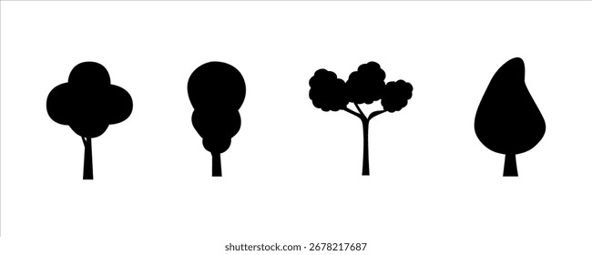 Conjunto de quatro silhuetas de árvore diferentes em estilo plano minimalista. Ícones de árvore isolados em preto sobre fundo branco para design ecológico, decoração, banner, logotipo ou impressão.