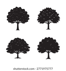 Set of four different tree silhouettes with birds flying around them on white background trees have varying shapes and sizes no people or animals are visible in the image