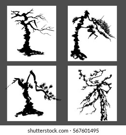 A set of four different trees. The black silhouette of a pine on a light background.  Ink drawing in the Chinese style. Vector design. Black-and-white illustration. Place for text