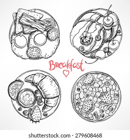 set with four different types of breakfast. hand-drawn illustration