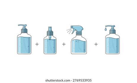 Set of four different types of hand sanitizer and liquid soap bottles in shades of blue including pump dispensers and spray heads.