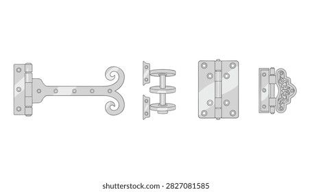 Set of four different types of metal door hinges in realistic metallic vector illustration style on grey background.