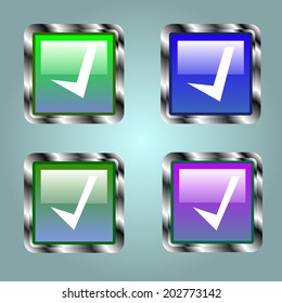 Set of four different vector check marks or ticks in boxes conceptual of confirmation acceptance positive passed voting agreement true or completion of tasks on a list. For web design. 