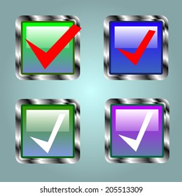 Set of four different vector check marks or ticks in boxes conceptual of confirmation acceptance positive passed voting agreement true or completion of tasks on a list. For web design. 
