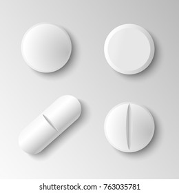Set of four different vector realistic white pills isolated on grey background