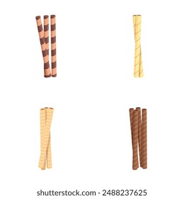 Set of four different wafer sticks with chocolate and vanilla flavors isolated on a white background