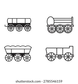 Set of four different wagons with wheels used for transportation of goods and materials in various industries and historical contexts