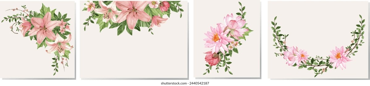 Set of four different watercolor compositions with lily and lotus