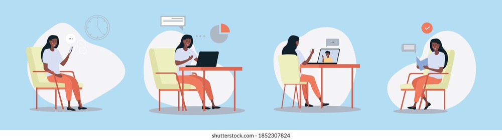Set of four different working women doing assorted activities using laptop, computer, smartphone and reading a book, colored vector illustration with fictional character isolated on white background