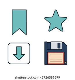 Set of four digital icons: bookmark, star, download arrow, and floppy disk isolated on white background, Vector, illustration