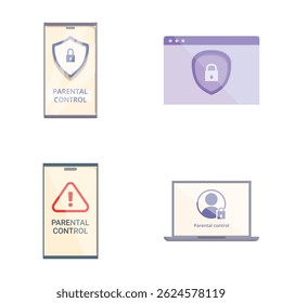 Set of four digital icons symbolizing parental control features on various devices