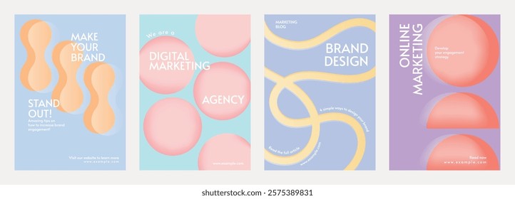 Set of four digital marketing posters with abstract designs. Features brand design, online marketing, and agency themes in pastel colors. Retro pastel branding template vector set.