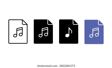 Set of four digital music file document icons in different graphic styles for website design