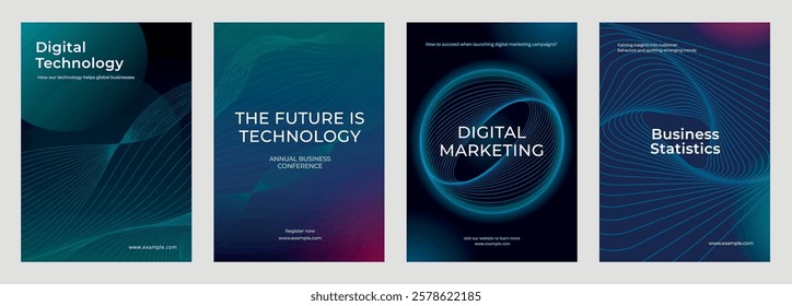 Set of four digital technology posters. Technologys digital marketing, business statistics, and future technology. Modern design for tech events. Digital business and big data template vector set.