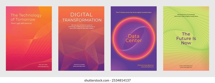 Conjunto de quatro cartazes de transformação digital. Cores vibrantes destacam a tecnologia. Inclui frases como 'Data Center' e 'O futuro é agora'. Transformação digital, colorido poster template vetor.