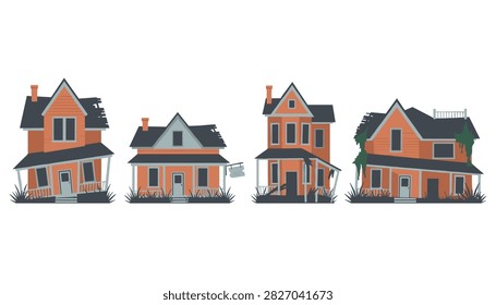 Set of four dilapidated and abandoned old houses in various states of disrepair surrounded by overgrown grass for real estate concepts.