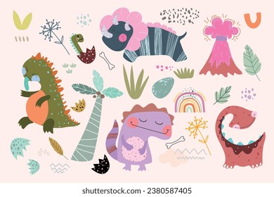 Set with four dino , cartoon plants, rainbows , egg. Kids pattern, vector illustration.