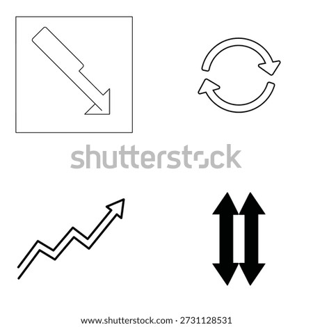 A set of four directional arrow icons featuring diagonal down, reload, repeat, upward trend line, and up and down arrows.