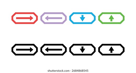 Um conjunto de quatro setas direcionais, apresentadas em cores vibrantes e monocromáticas, dentro de contornos hexagonais.