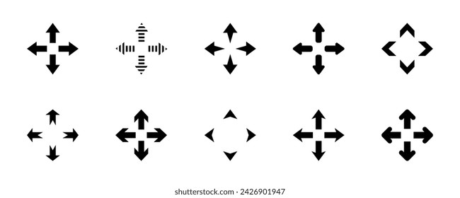 Conjunto de cuatro flechas vectoriales de dirección: arriba, abajo, derecha e izquierda. Flechas de cuatro vías o caminos.