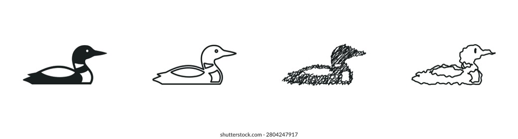 A set of four distinct artistic interpretations of a loon, ranging from a solid silhouette to a sketchy outline, showcasing diverse graphic design approaches