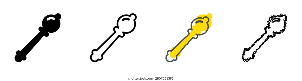 A set of four distinct artistic interpretations of a scepter or key symbol, showcasing varied graphic design approaches