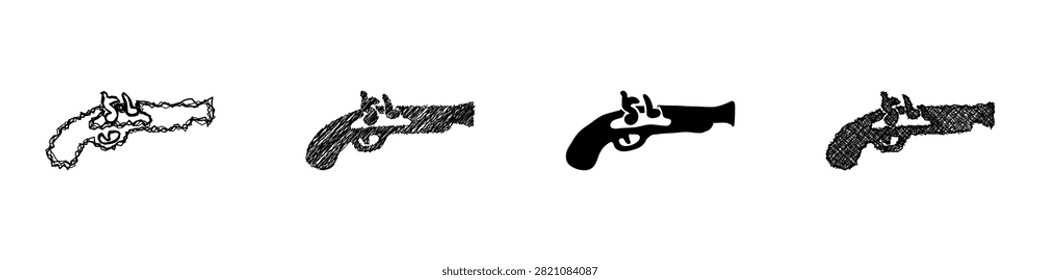 A set of four distinct artistic interpretations of a historical flintlock pistol, showcasing different rendering techniques from outline to solid silhouette