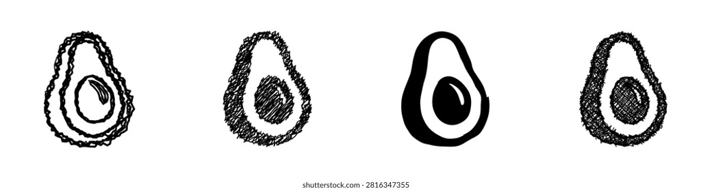 A set of four distinct avocado illustrations, showcasing different artistic interpretations from sketchy to solid graphic designs