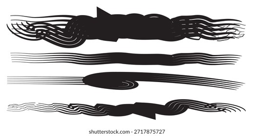 Un conjunto de cuatro diseños distintos de pinceladas negras, que varían en textura y forma, presentados sobre un fondo blanco.