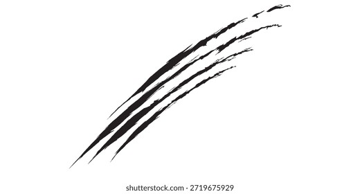 Um conjunto de quatro marcas de garra pretas distintas riscadas diagonalmente através de um plano de fundo branco.