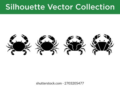 Eine Reihe von vier verschiedenen schwarzen Silhouetten-Vektorgrafiken von Krabben, die nebeneinander auf weißem Hintergrund angezeigt werden.