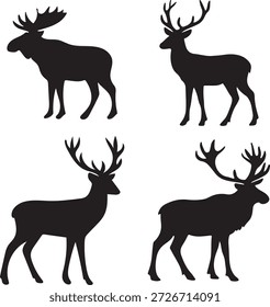 Set of four distinct black silhouettes of horned wildlife animals for nature and hunting themes.