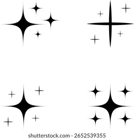 Un conjunto de cuatro iconos distintos de destello negro o estelada, cada uno con diferentes puntos y tamaños, presentados sobre un fondo blanco limpio.