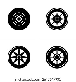 Conjunto de quatro ícones de rodas preto e branco distintos com variações em padrões de raios, ideal para projetos automotivos, de transporte e de design industrial.
