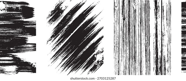 A set of four distinct black and white grunge textures created with brush strokes, showcasing different patterns and styles.