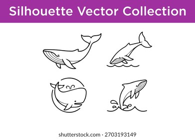 Un conjunto de cuatro ilustraciones de arte de líneas blancas y negras distintas de ballenas en varias poses, que representan una colección de Vector de silueta.