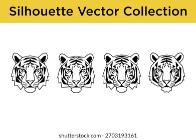 Un conjunto de cuatro distintas siluetas estilizadas de cabeza de tigre en blanco y negro, presentadas en un estilo de Vector gráfico.
