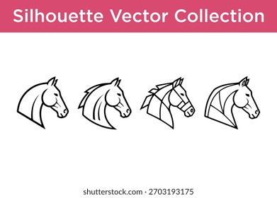 A set of four distinct black and white vector illustrations of horse heads, showcasing different stylized designs.