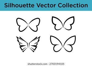 A set of four distinct black and white abstract butterfly wing designs, presented as vector graphics.