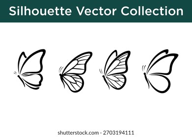 A set of four distinct black and white silhouette vector illustrations of butterfly wings, showcasing different patterns and styles.